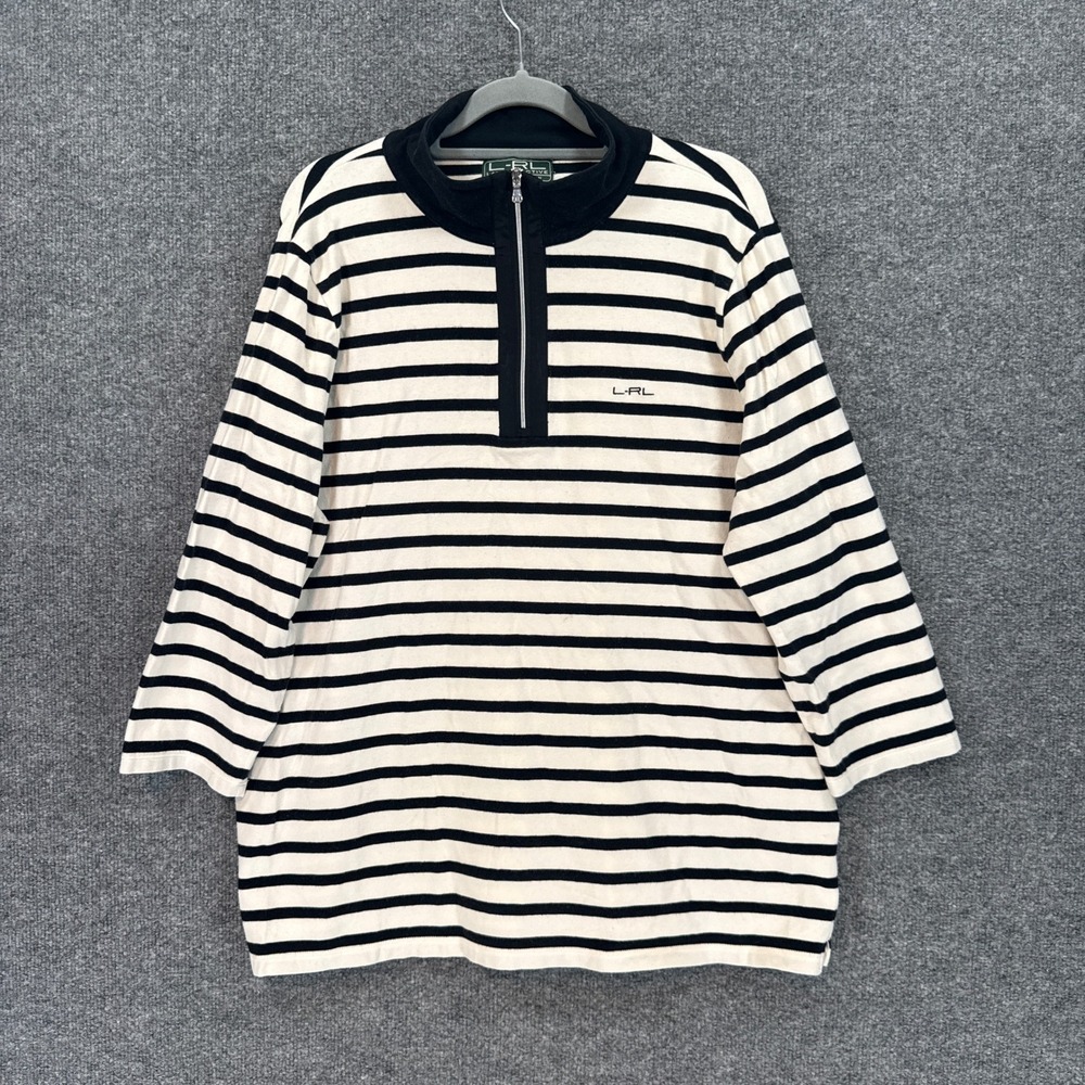 Lauren Ralph Lauren Pullover Shirt Women 2X White Black Striped 1/4 Zip Top